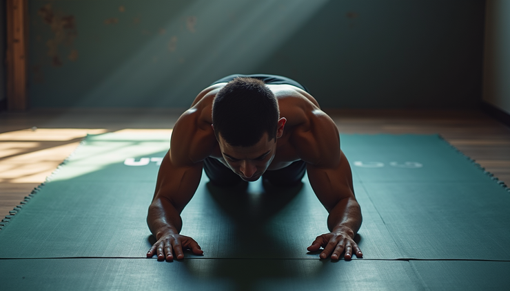 High angle view of a martial artist performing plank exercises on a gym mat