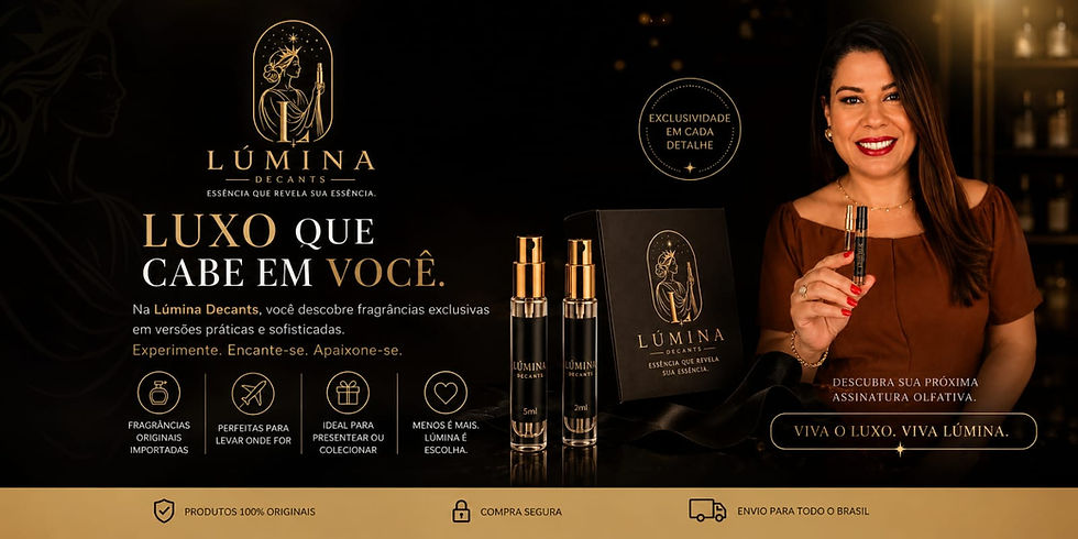 Mulher sorrindo segurando decantes de perfumes Lumina.