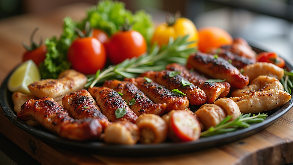 Close-up view of a colorful Mediterranean platter with grilled meats and fresh vegetables