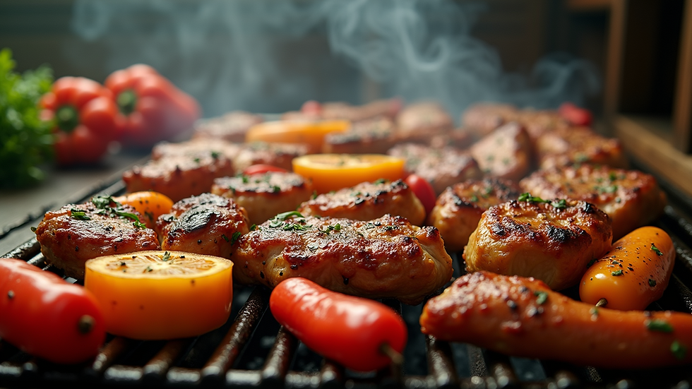High angle view of an array of grilled vegetables and meats