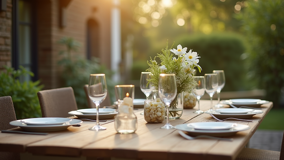 Eye-level view of a beautifully set outdoor dining table