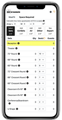 SETS event space calculator showing seating configurations including reception theater round crescent classroom conference and U-shape layouts