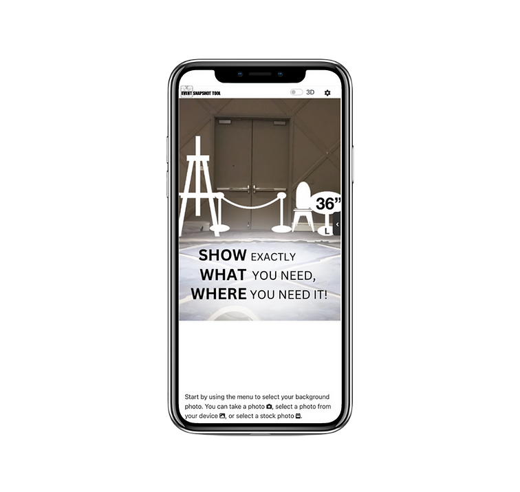 SNAPS event layout visual planner showing drag and drop table and equipment placement on venue photo