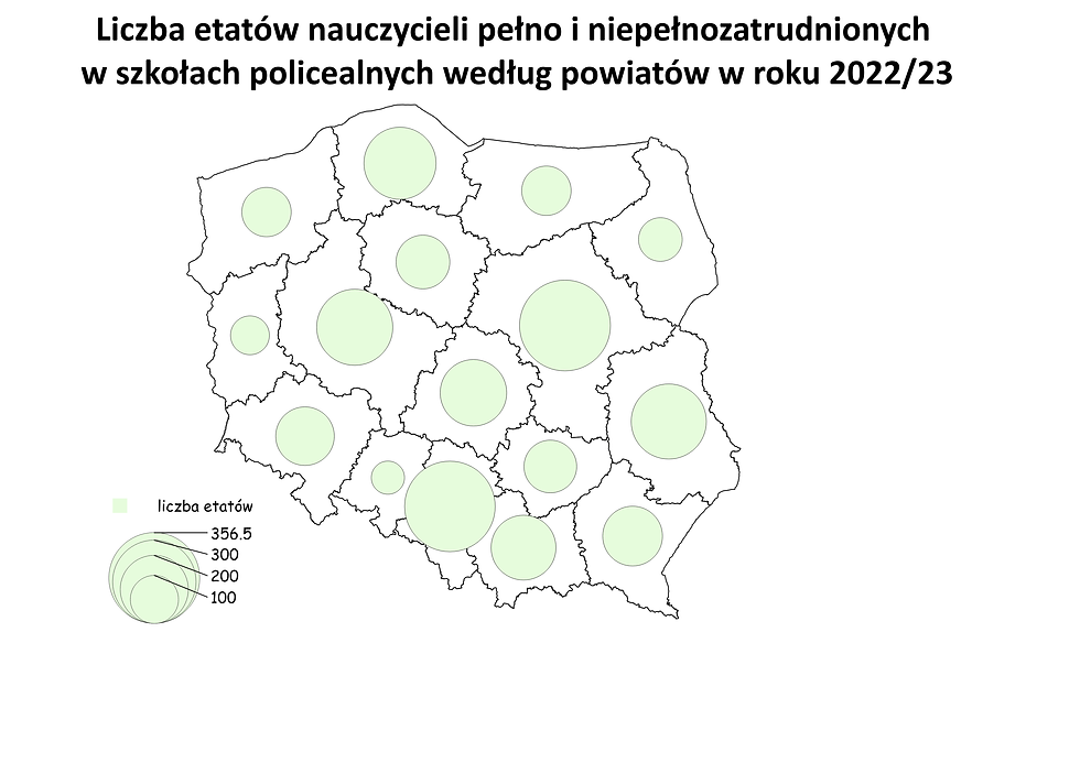 Liczba etatów nauczycieli pełno i niepełnozatrudnionych w szkołach policealnych według powiatów w roku 2022/23