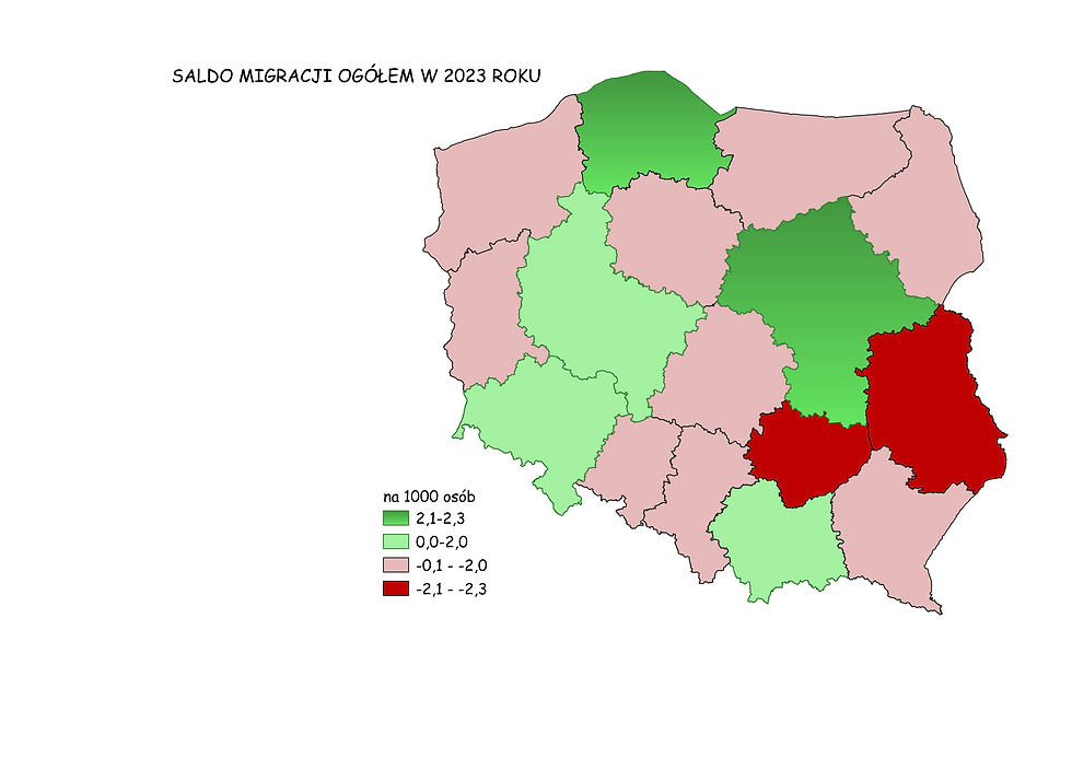 Saldo migracji ogółem na 1000 mieszkańców w Polsce i województwach w roku 2023