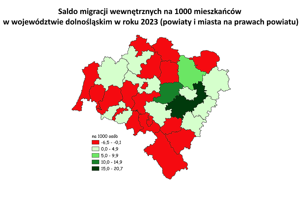 Saldo migracji wewnętrznych na 1000 mieszkańców w województwie dolnośląskim w roku 2023 (powiaty i miasta na prawach powiatu)