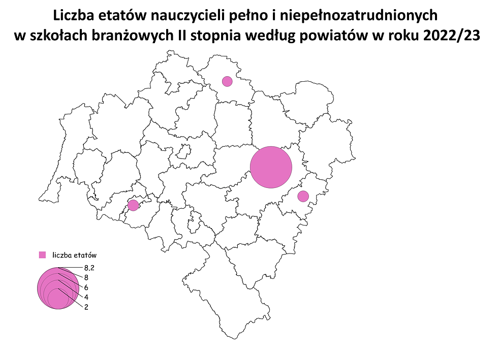 Liczba etatów nauczycieli pełno i niepełnozatrudnionych w szkołach branżowych II stopnia według powiatów w roku 2022/23