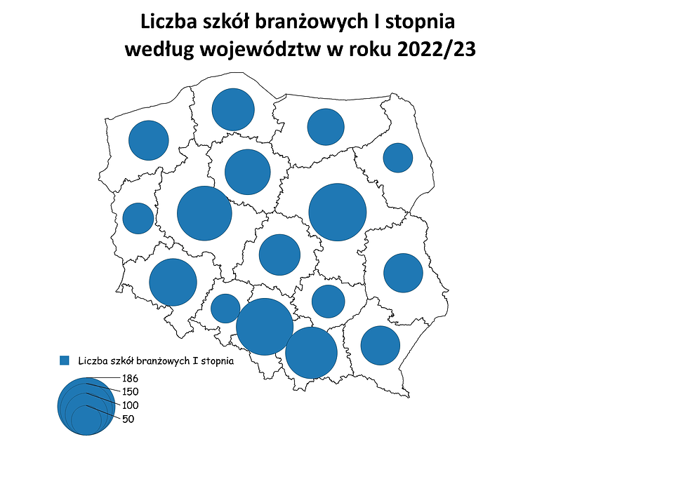 Liczba szkół branżowych I stopnia według województw w roku 2022/23