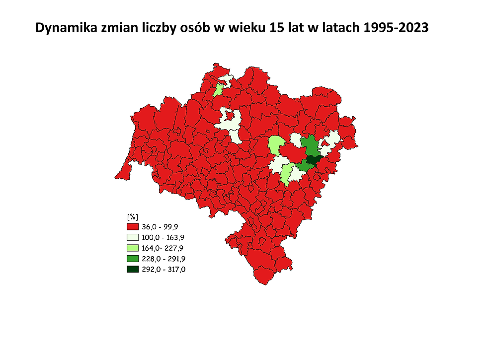 Dynamika zmian liczby osób w wieku 15 lat w latach 1995-2023