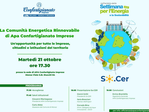 Torna la Settimana dell’Energia: martedì 21 ottobre l'evento in presenza sulla Comunità Energetica Rinnovabile di Confartigianato