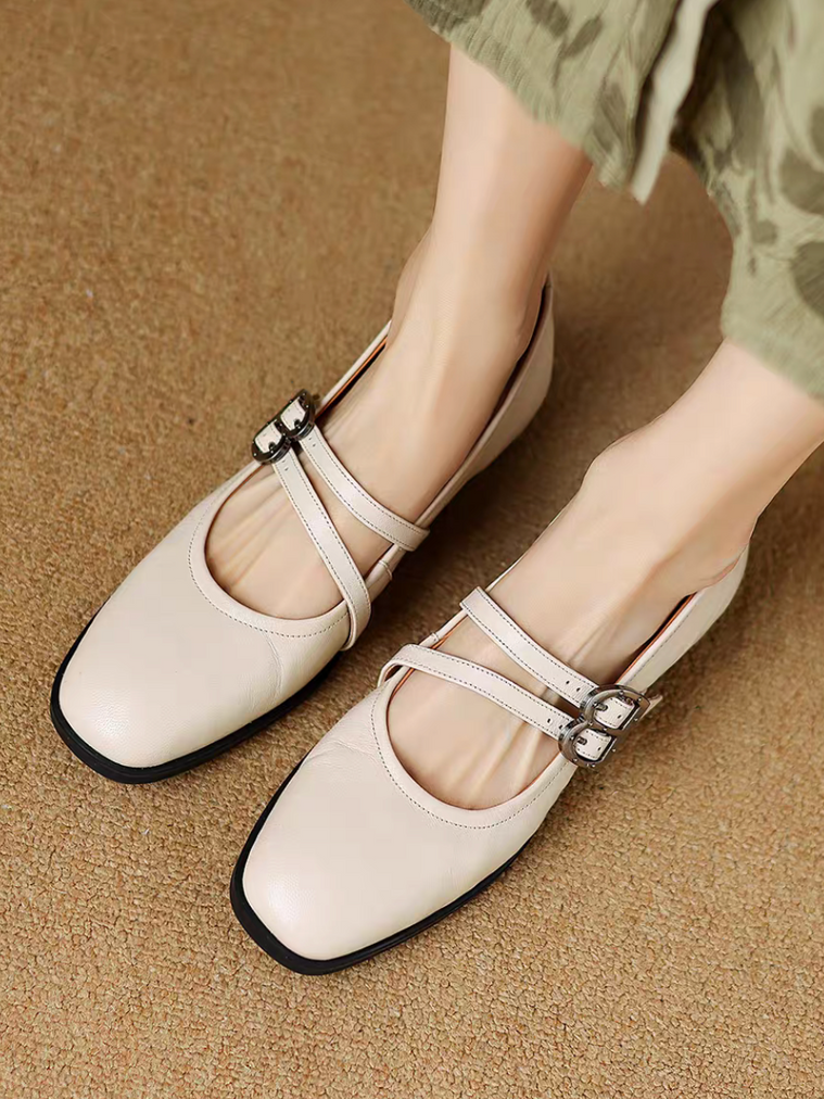 Embossed lambskin double buckles & straps Mary Janes 10