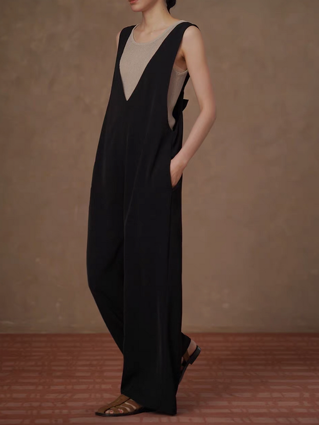 Back knot dark navy poly rayon front V romper 3