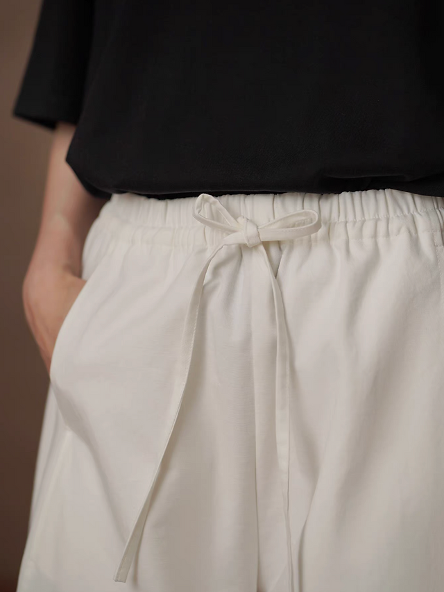 Pure cotton contour ivory white drawstring taper barrel pants 2