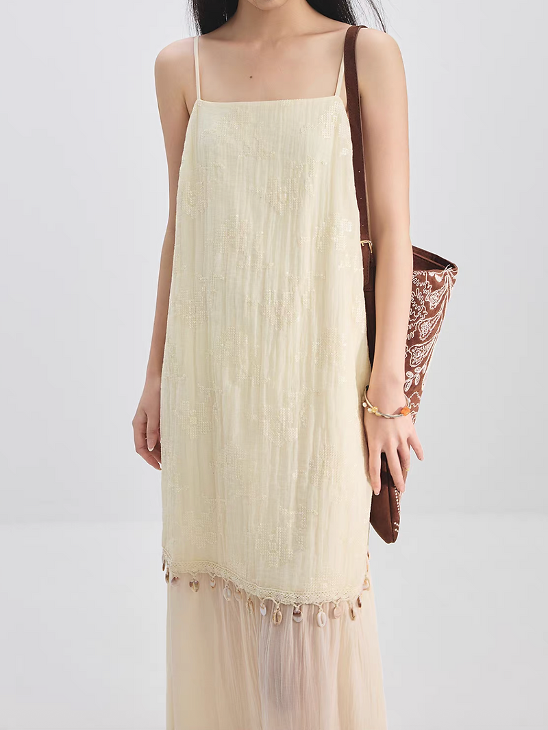 Handmade pastel beige embroidered docking poly rayon tencel slipdress 10