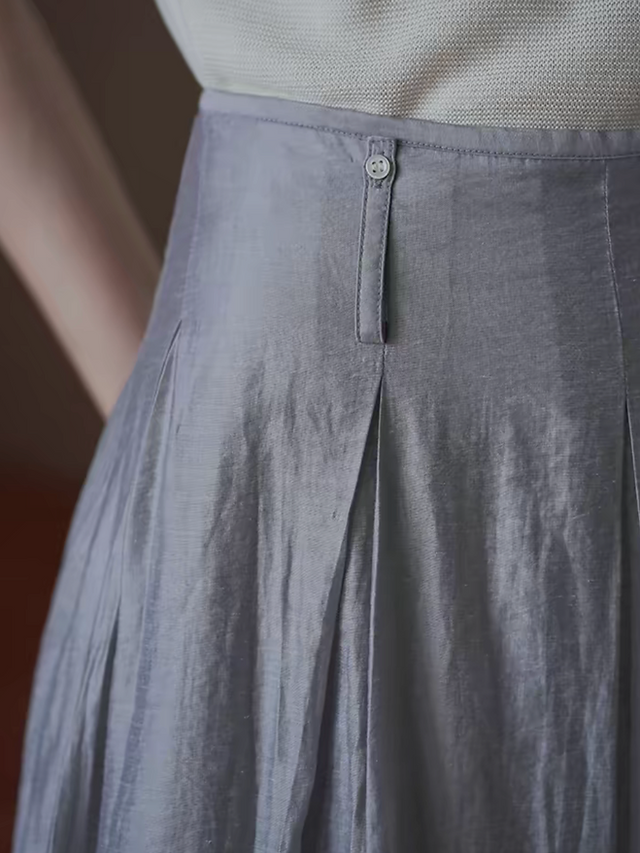 Purplish silver iridescent pleated high waisted lined A line linen poly skirt 3