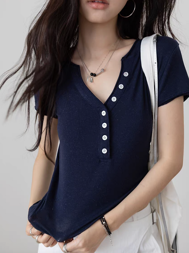 V neck buttoned lyocell henly fitted tee 8
