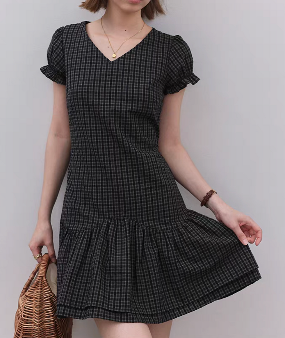 Thumbnail: Charcoal black checker V neck puff sleeves midi dress