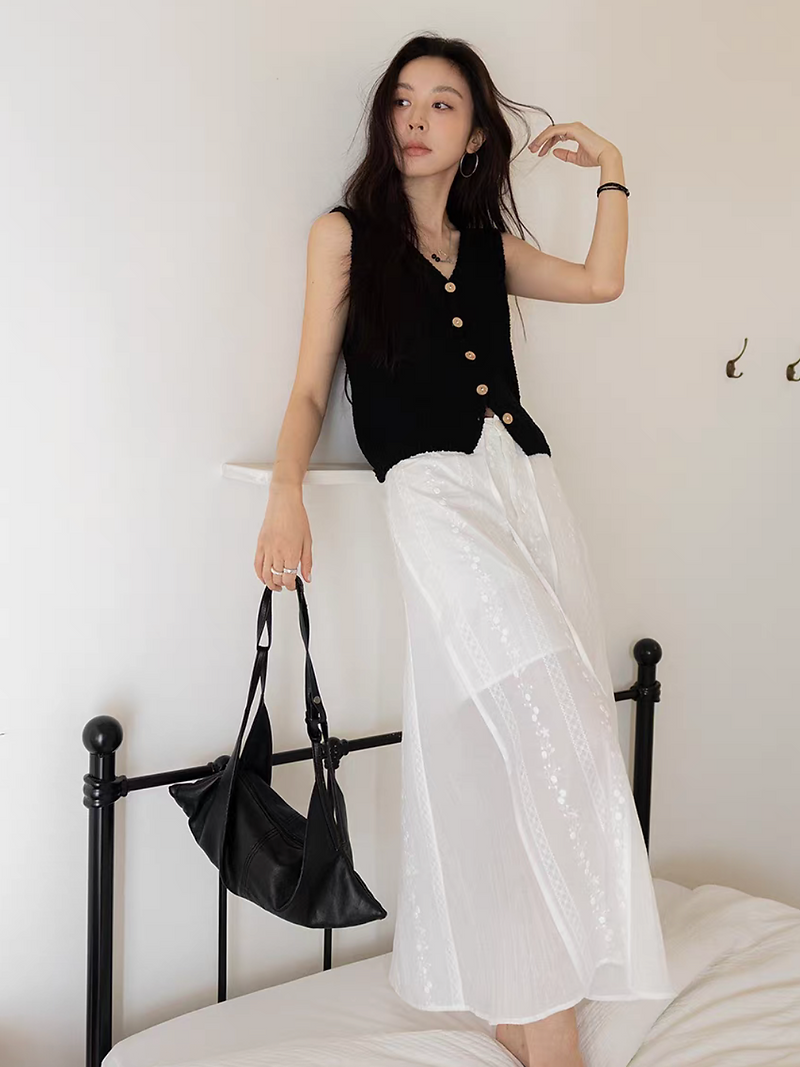 High waisted embroidered ivory drawstring A line cotton pleated skirt 10
