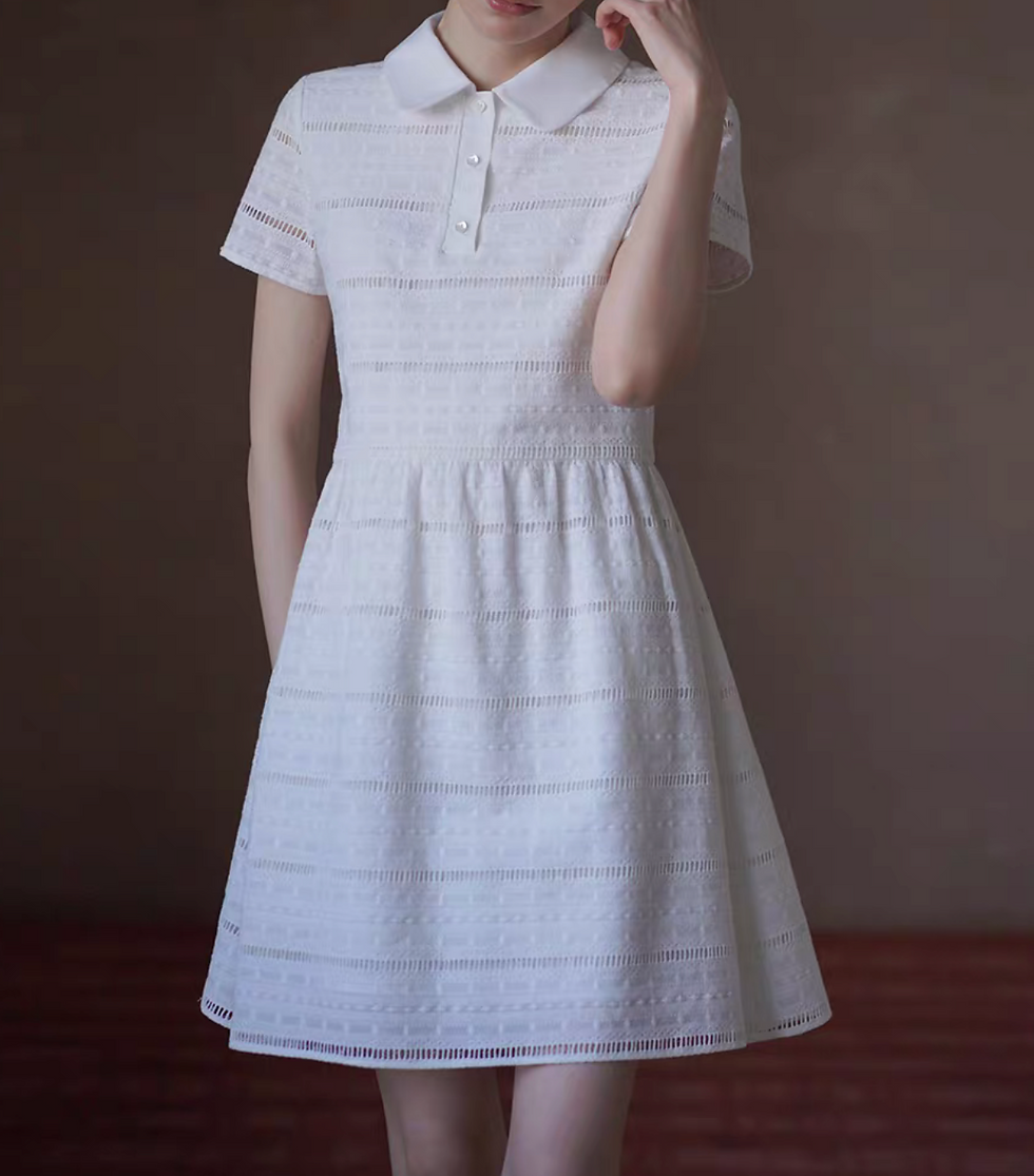 Thumbnail: Ivory embroidered lace crochet cotton  elasticated polo slim cut polo midi dress