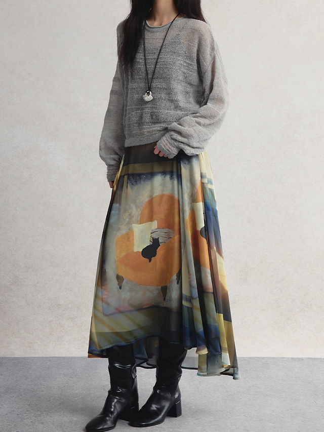 Laser print silk poly A line zipper back elasticated skirt 6