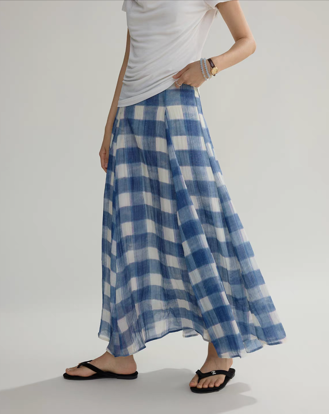 Poly rayom sheer lined blue pleated checker A line high waisted skirt