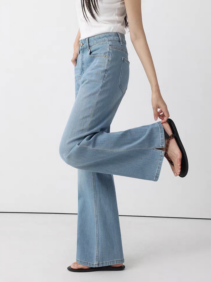 Light blue side slit slim cut high rise denim pants 1