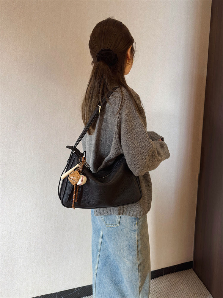 Thumbnail: Toga embossed calf leather zipper shoulder + crossbody black bag with charms