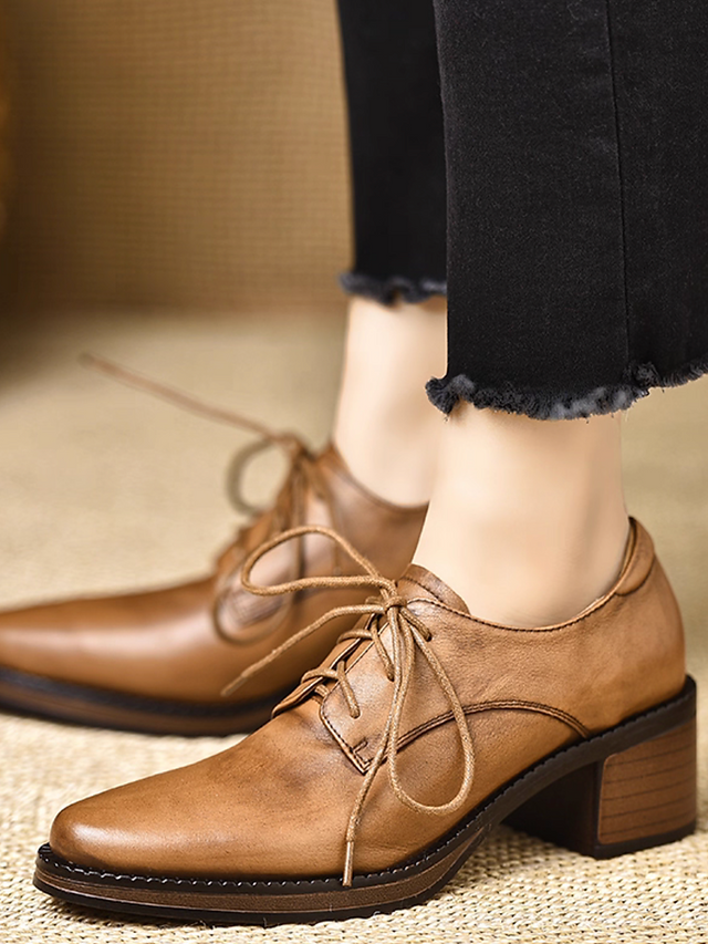 Brush off calf leather lacing wood heel shoes 1