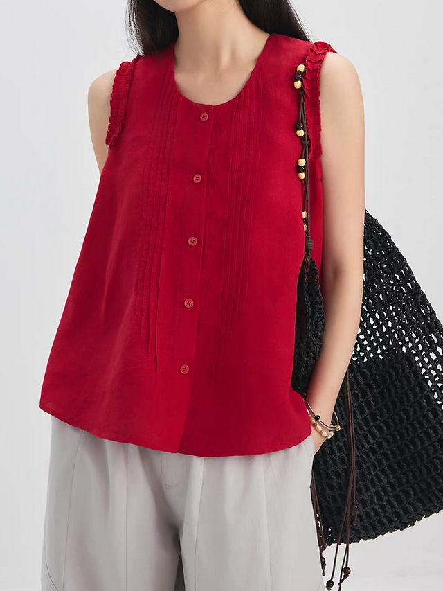 Cherry red pleats trim linen vest 1