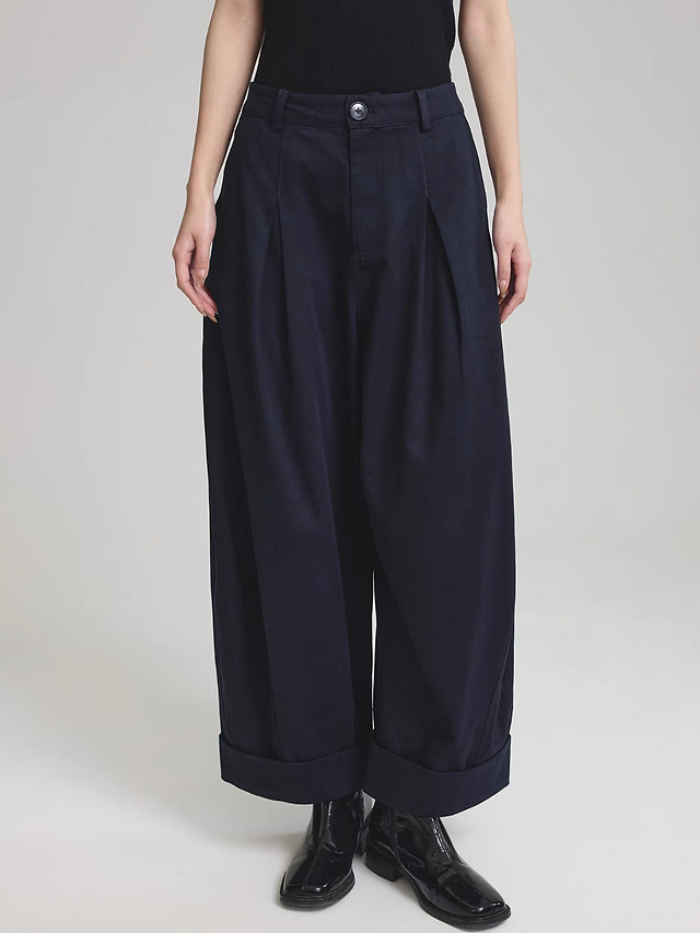 Navy stitched trim lyocell linen cotton pleated barrel relaxed cut pants 2