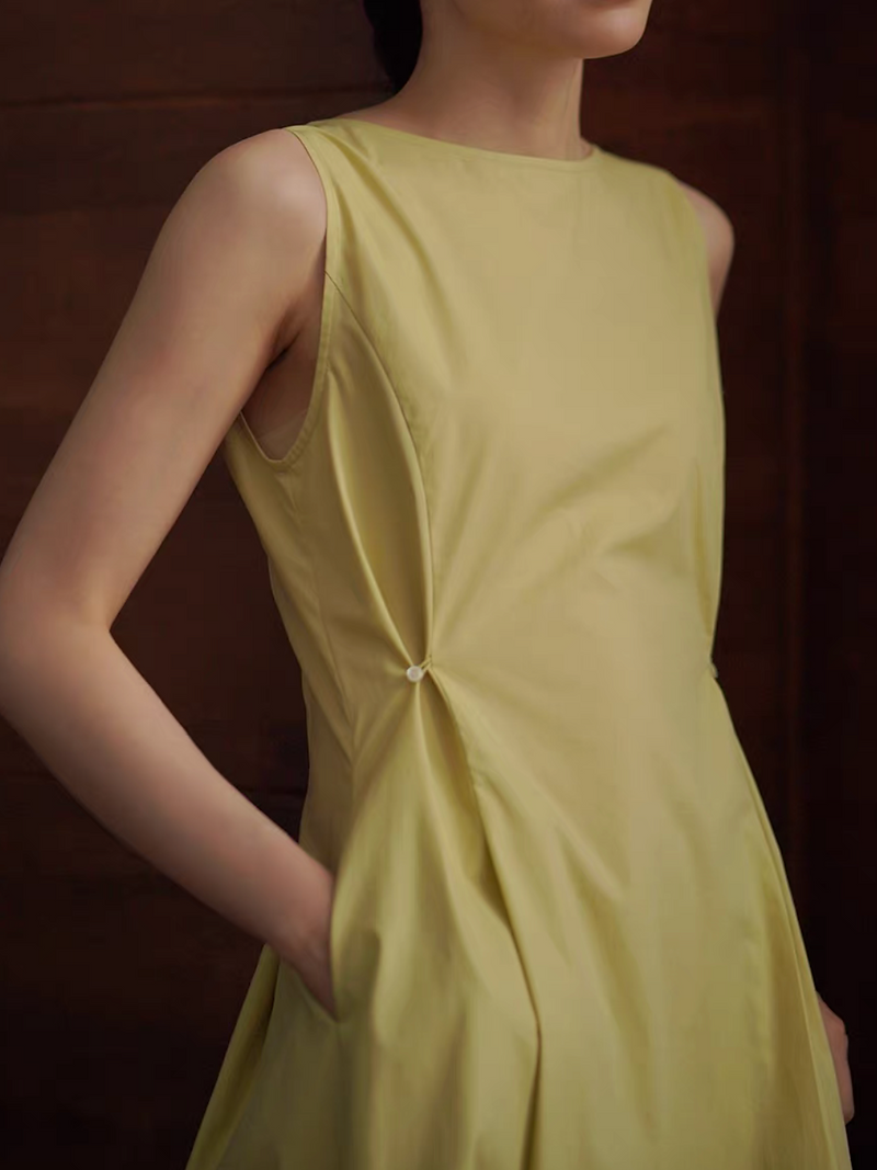 Pastel yellow waist buttoned cotton sleeveless dress 10