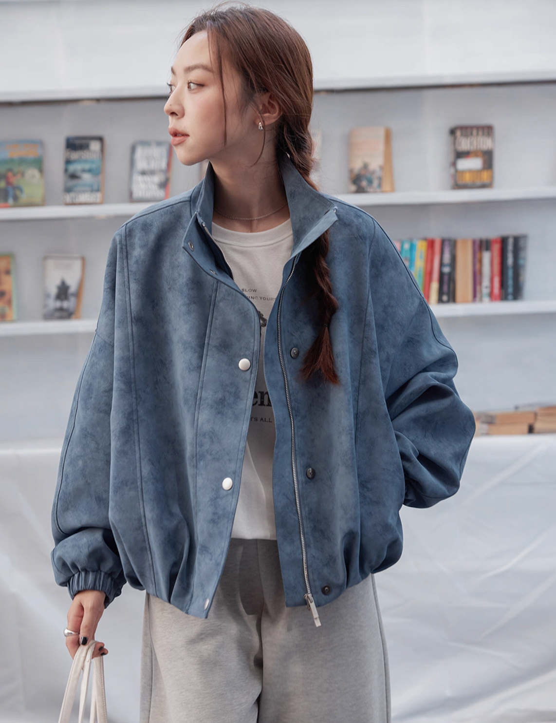 Blue color synthetic suede leather zipper polo two way jacket