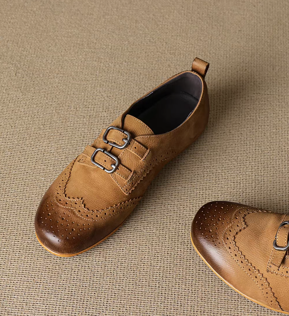 Thumbnail: Calf leather brogue double strap buckles monk loafers