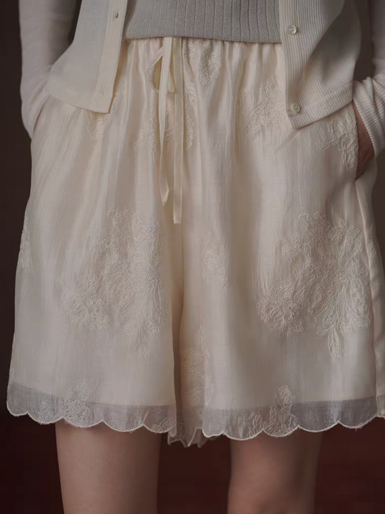 Ivory beige laced trim layered tencel lyocell rayon drawstring shorts 7