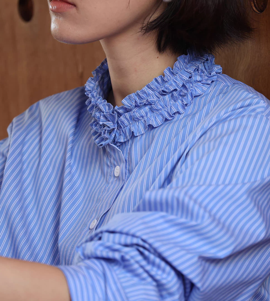 Thumbnail: Ruffled collar buttoned blue striped cotton blouse / shirt