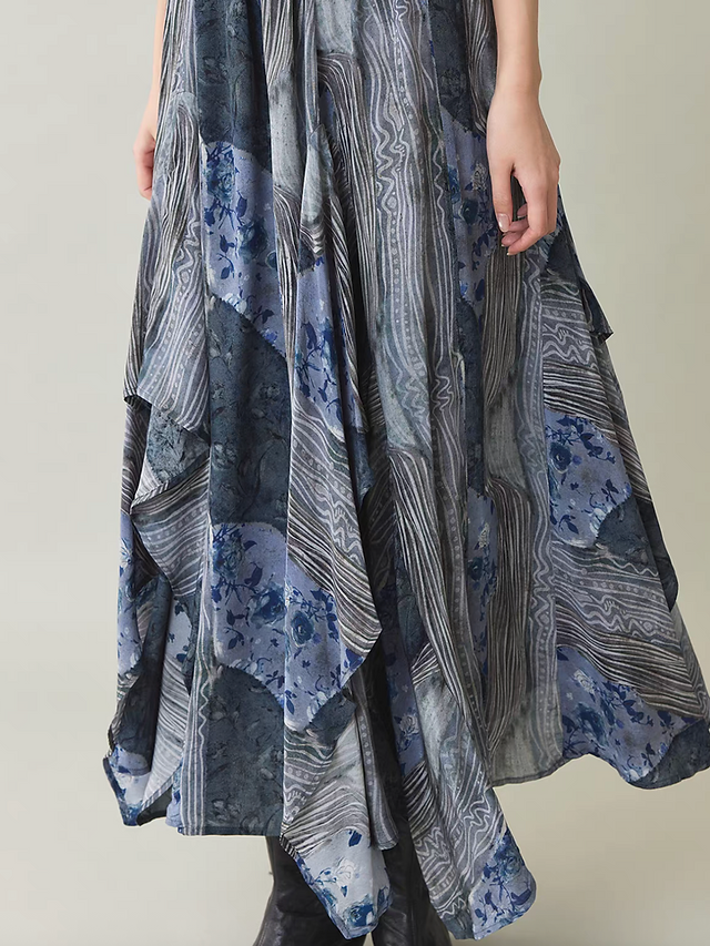 Pure tencel asymetric blue patterned fluid elasticated skirt 8