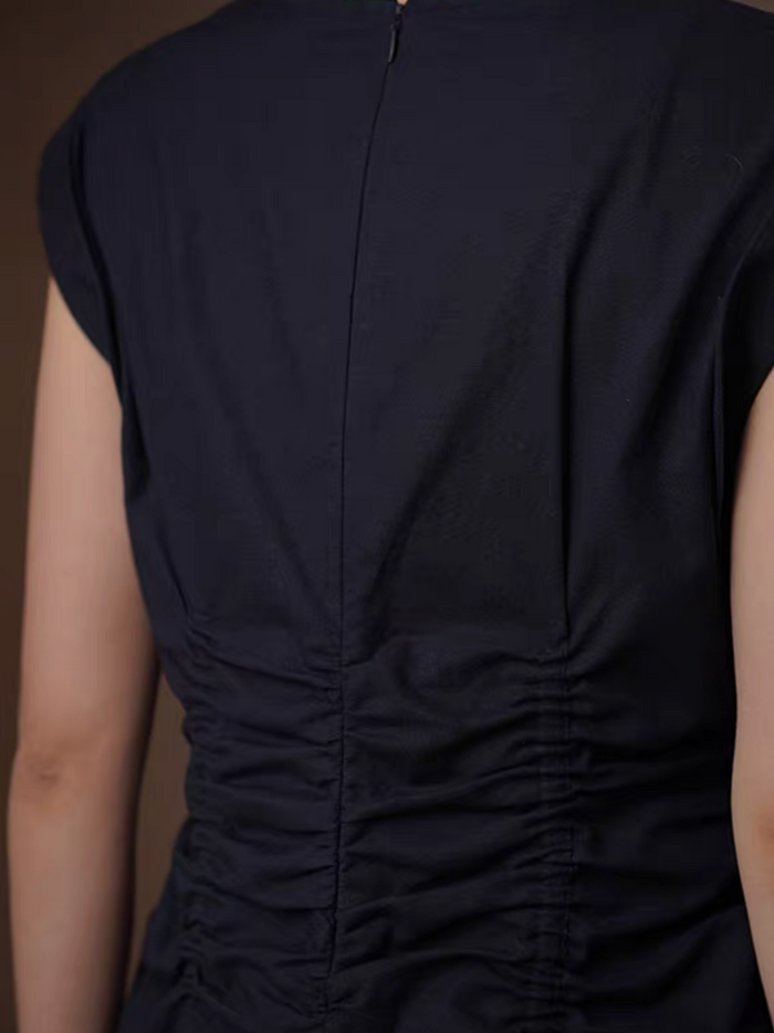 Elastic ruffles flutter sleeve cotton linen slim cut navy sleeveless dress 6