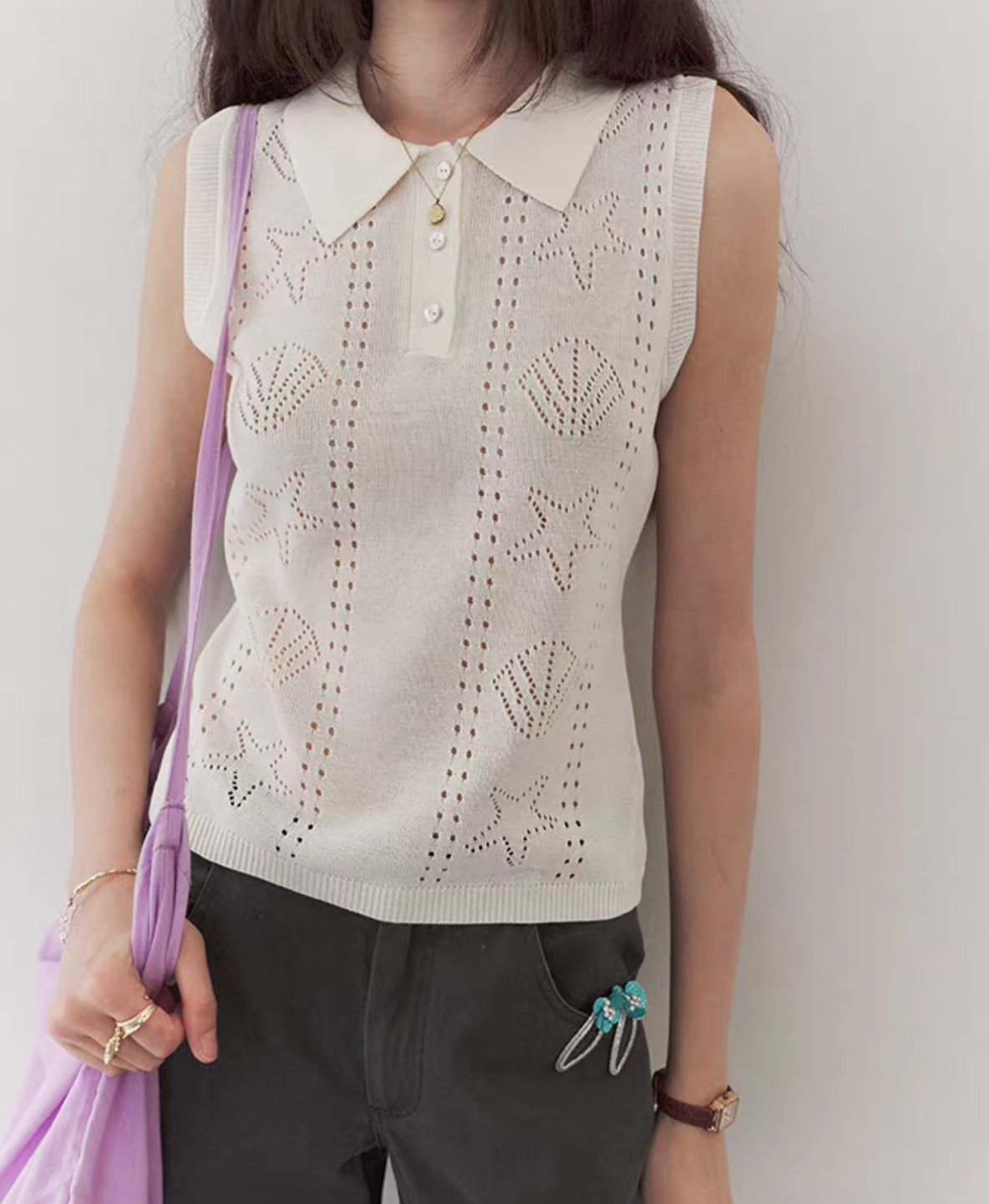 Shell patterned crochet ivory cotton rayon polo knitted vest