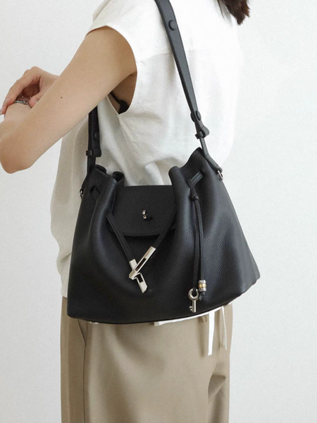 Grain calf leather key charms twist buckle shoulder + crossbody flap bag