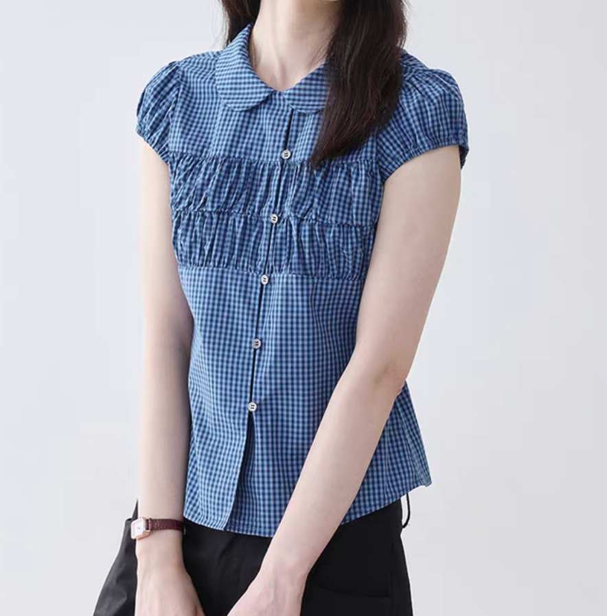 Thumbnail: Blue checker cotton back knot peterpan collar ruffled slim cut blouse / shirt