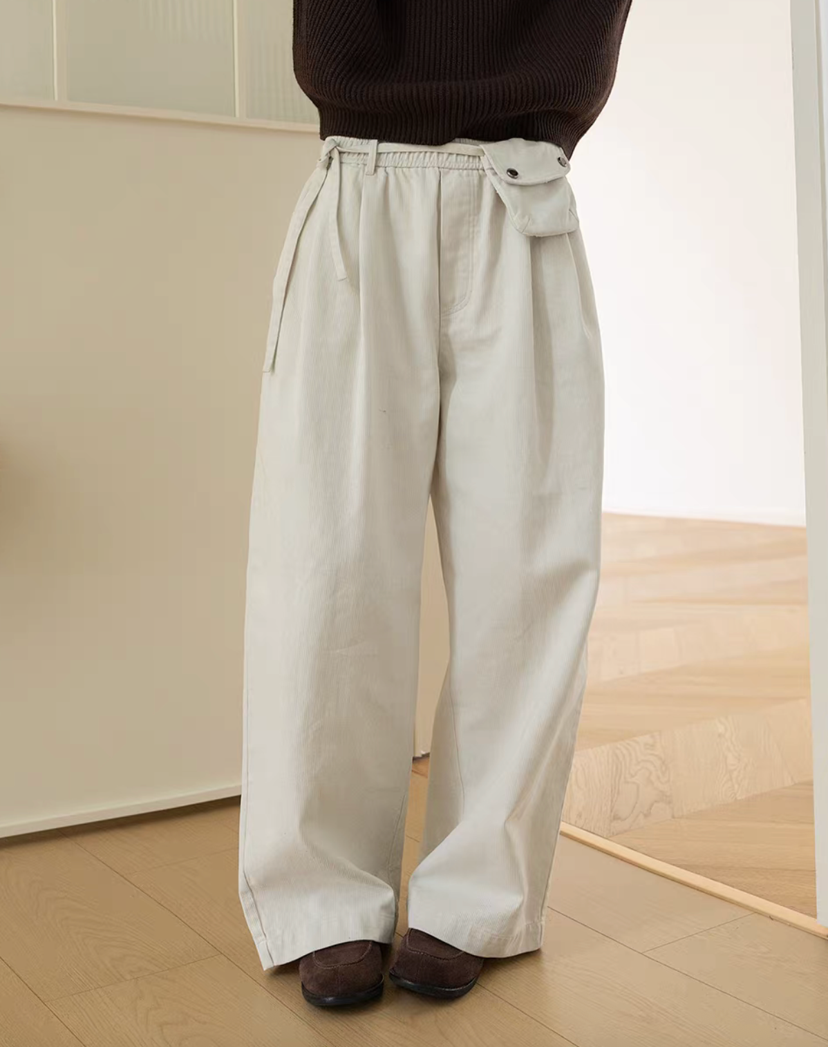Ribbed pure cotton belted elastticated straight pants