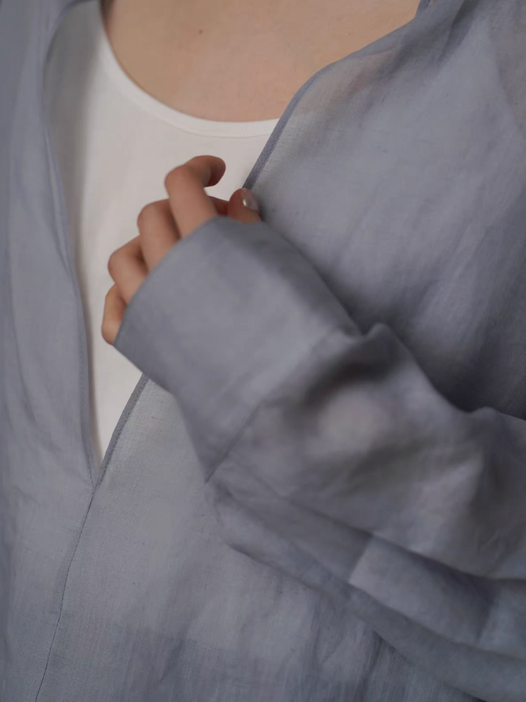 Greyish blue pure linen V neck sheer relaxed fit shirt 6