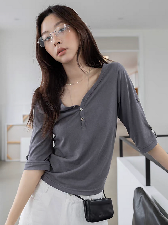 V neck buttoned strap tencel cotton two way tee 3