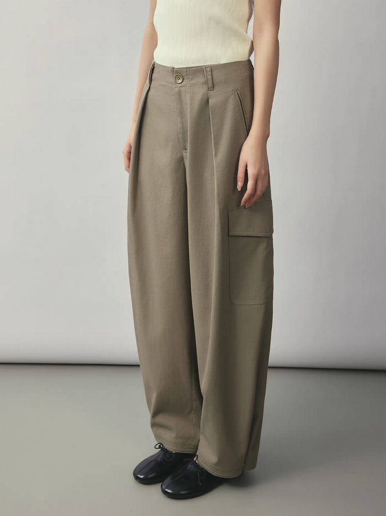 High waisted khaki cotton rayon cargo pants 1