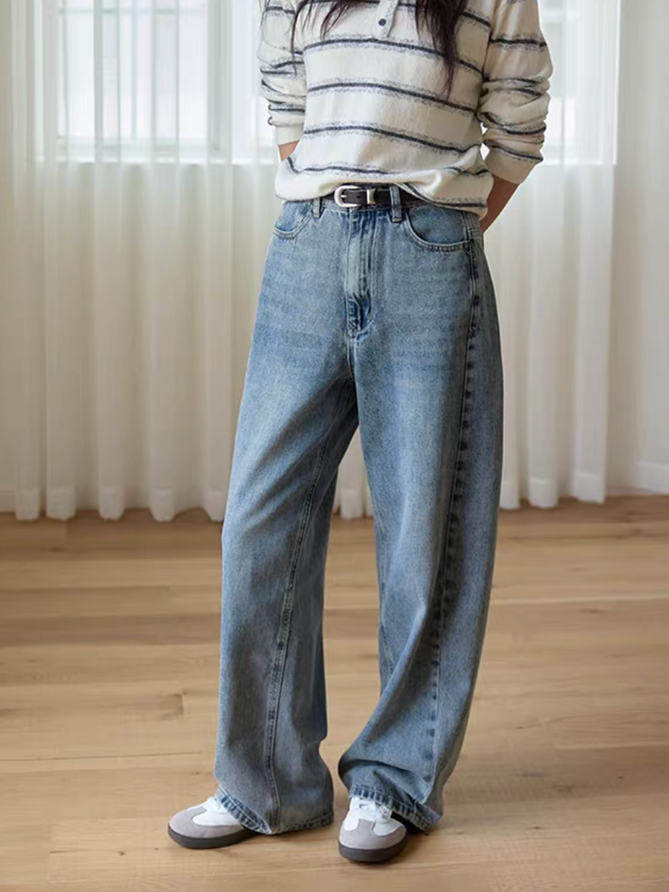 High waisted acid washed denim straight pants 1