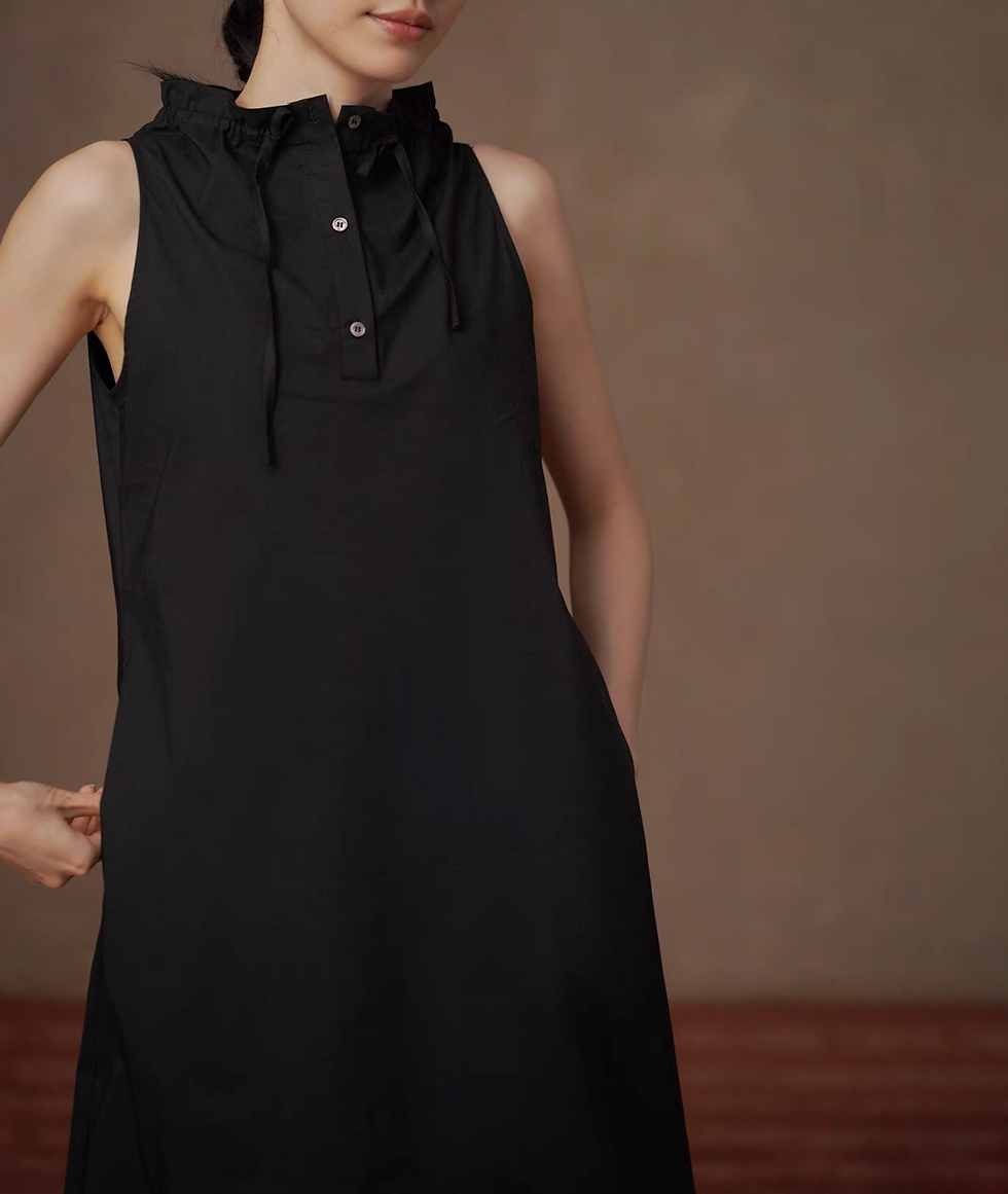 Thumbnail: Black cotton rayon standing collar drawstring sleeveless dress