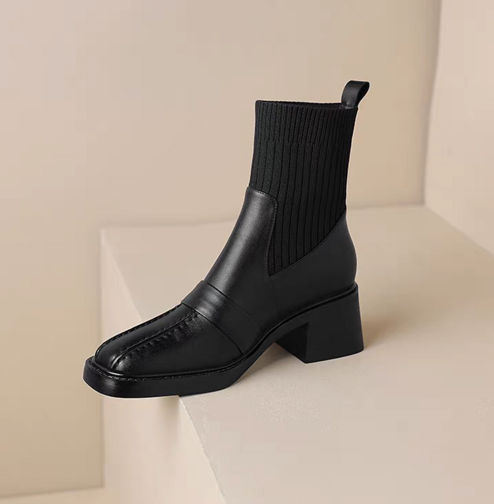Thumbnail: Elastic fabric docking calf leather contour ankle boots