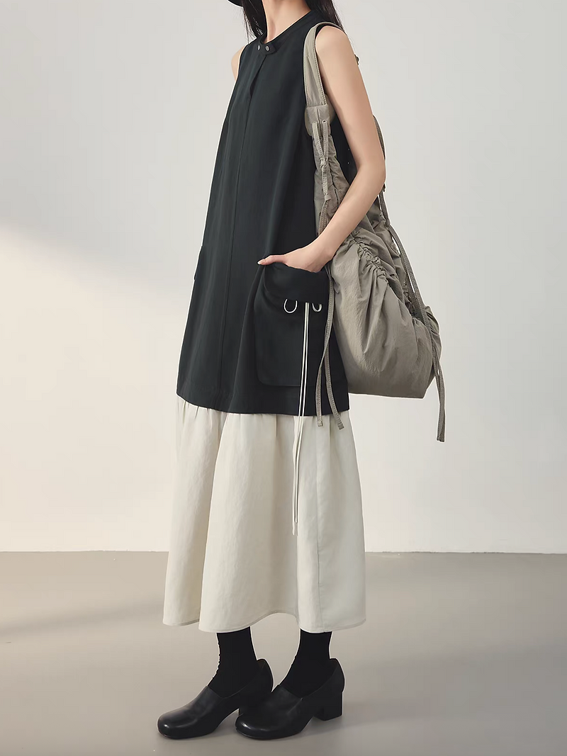 Docking cotton bi-color clasped buttoned cargo maxi sleeveless dress 12