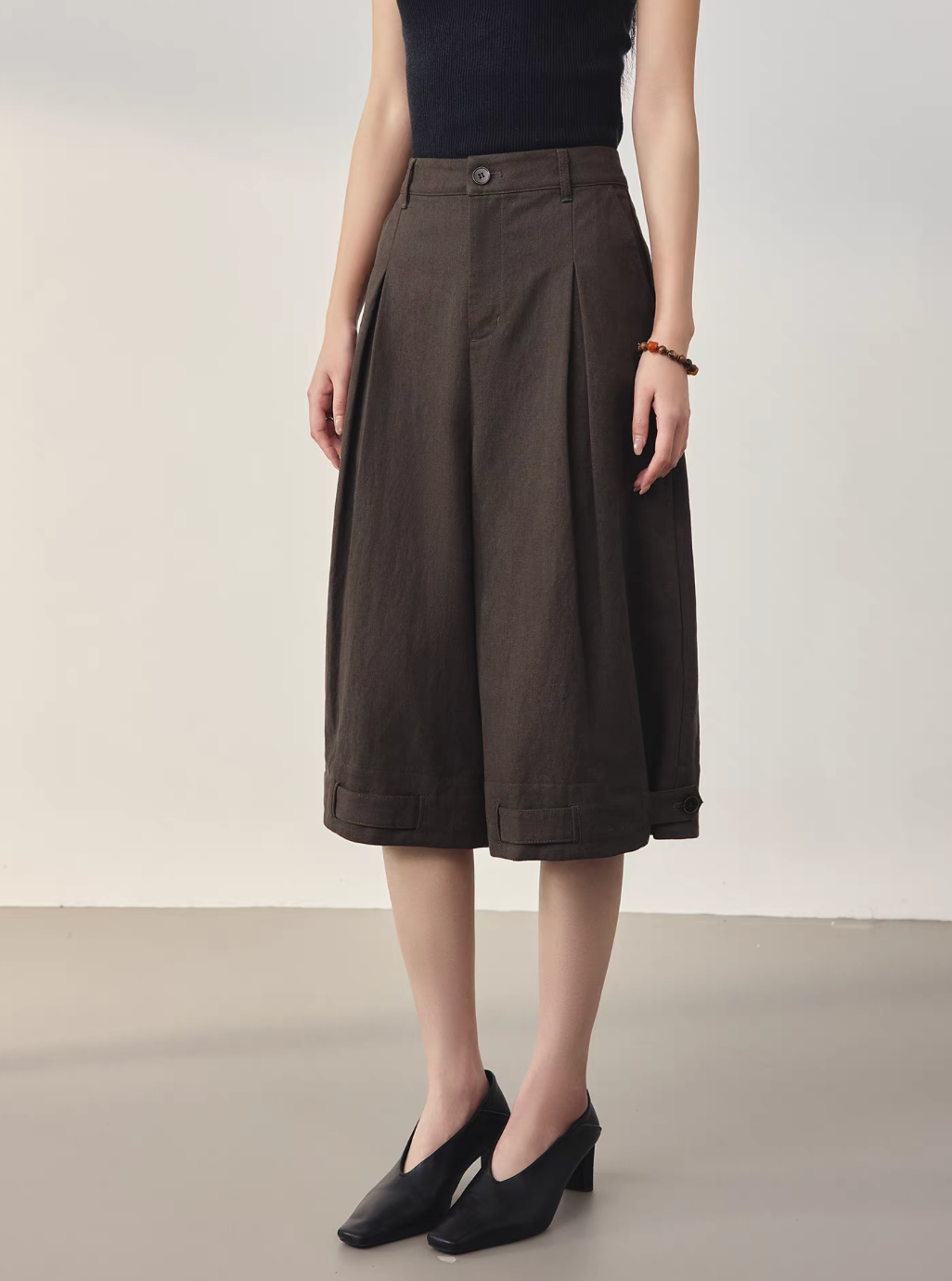 Mocha brown cotton tencel buttoned strap high waisted pleated shorts