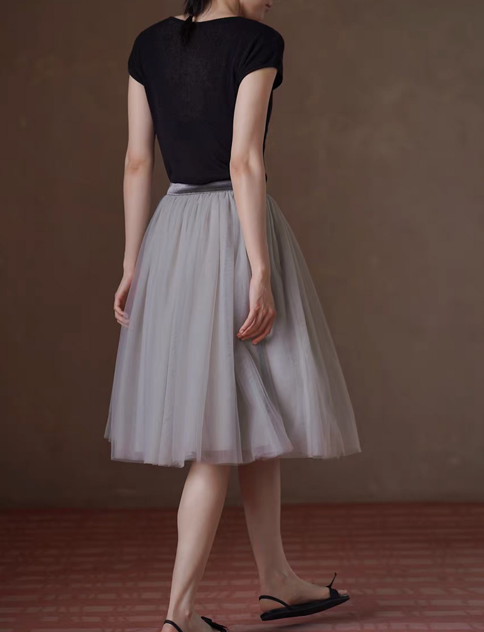 Thumbnail: High waisted zipper beige grey organza valour belt table skirt